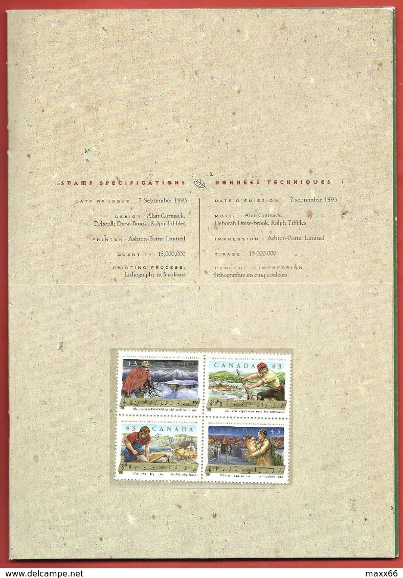 CANADA PRESENTATION PACK FDC - 1993 FOLK SONGS - Canadian Folklore - With FDC - FOLDER - Gedenkausgaben