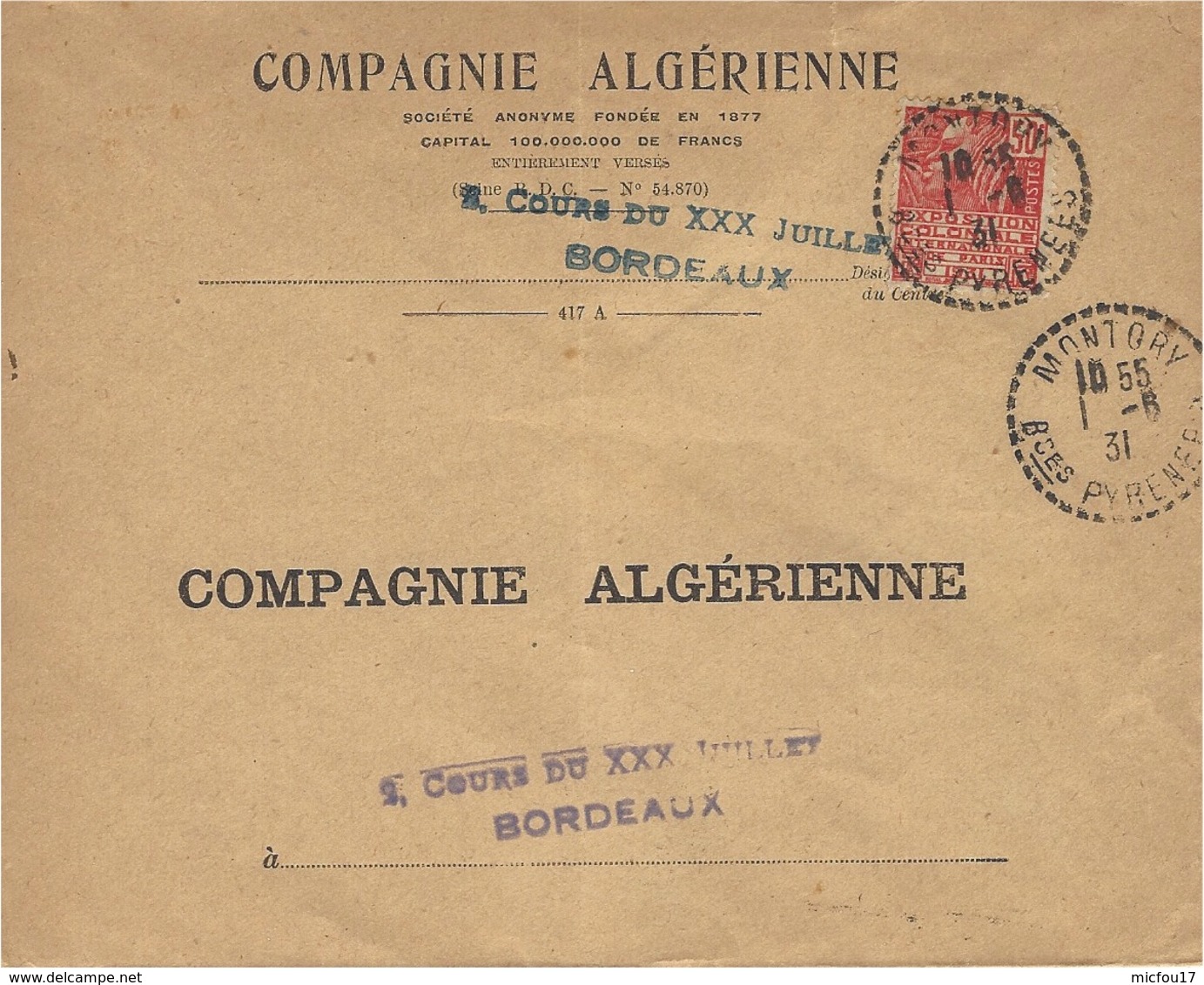 1931- Enveloppe  De MONTORY  ( Bses Pyrénées ) Cad  Facteur Receveur 1 Cercle Pointillé - 1921-1960: Période Moderne