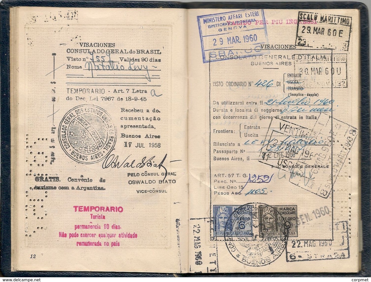 ARGENTINA 1956 PASSPORT- PASSEPORT -multiple VISAS and STAMPS  ISRAEL - POLAND - TURKEY - VENEZUELA -USA - BRASIL- AUSTR