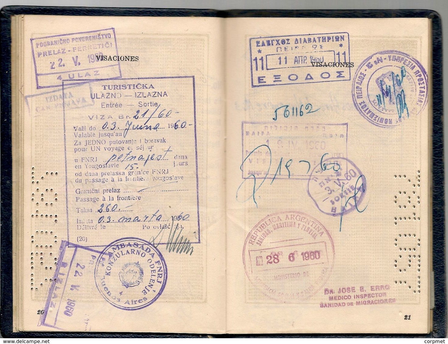 ARGENTINA 1956 PASSPORT- PASSEPORT -multiple VISAS and STAMPS  ISRAEL - POLAND - TURKEY - VENEZUELA -USA - BRASIL- AUSTR