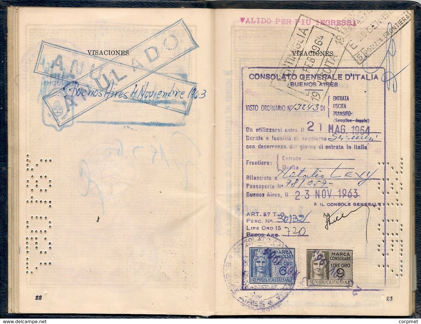 ARGENTINA 1956 PASSPORT- PASSEPORT -multiple VISAS and STAMPS  ISRAEL - POLAND - TURKEY - VENEZUELA -USA - BRASIL- AUSTR