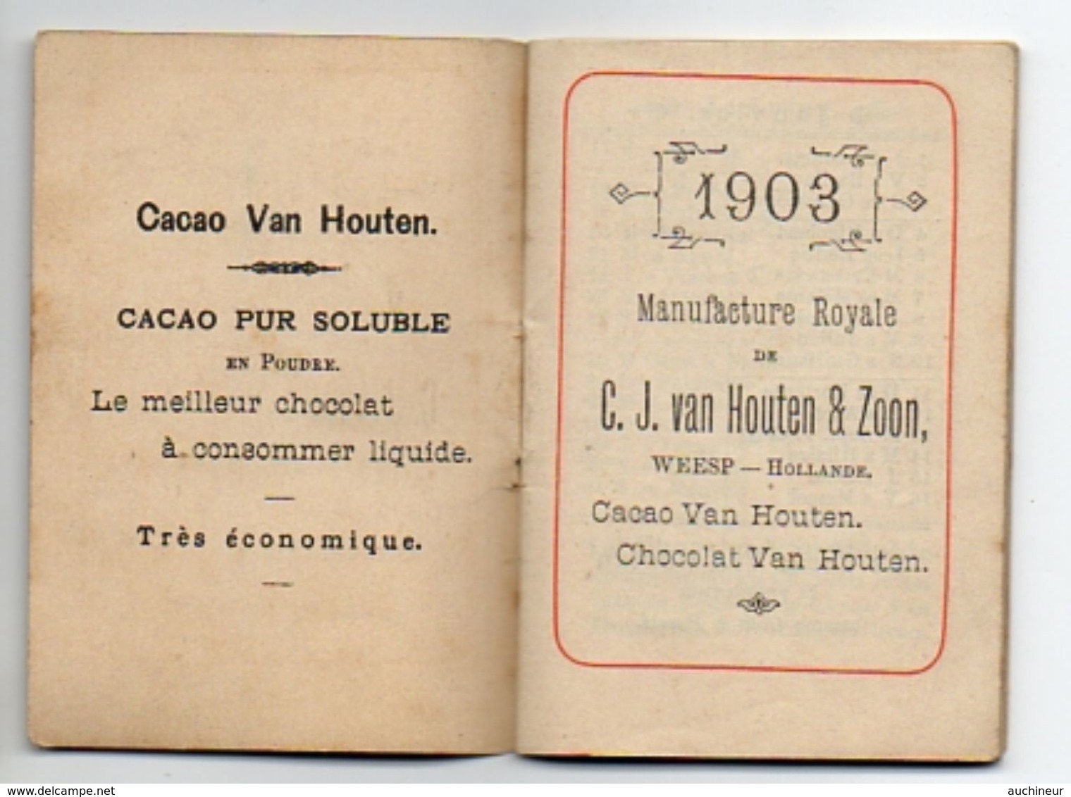 Calendrier De Poche 1903, Cacao Van Houten Corbeau Corneille 5,5 X 8 Cm - Petit Format : 1901-20