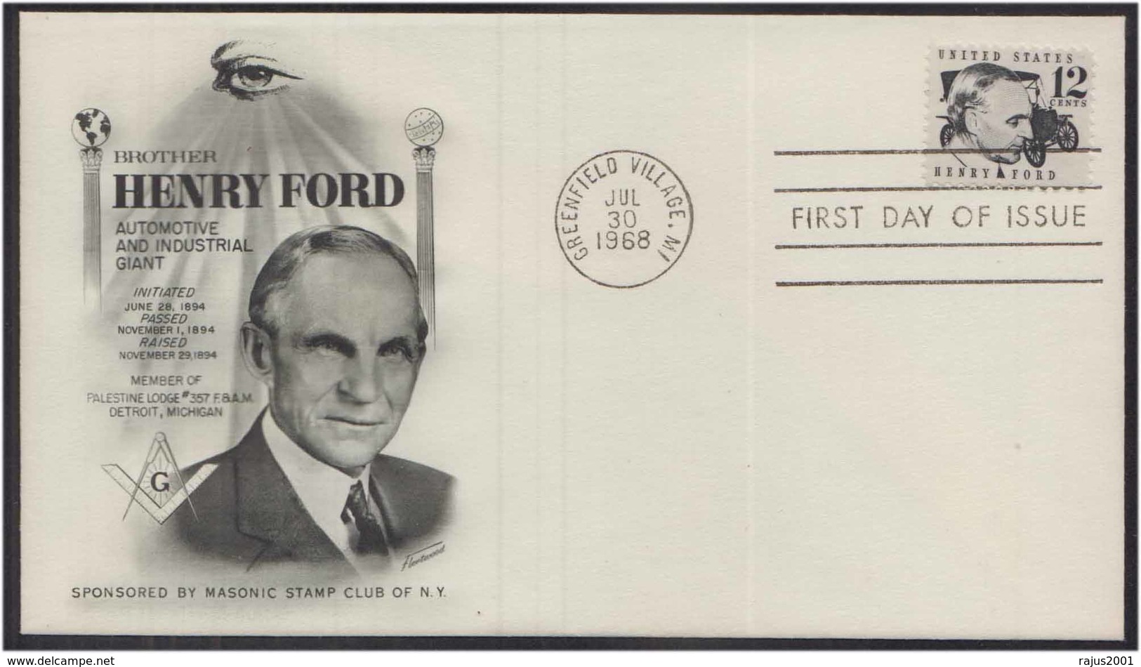 Henry Ford- Founder Ford Motor Company - Palestine Masonic Lodge No. 357, Detroit, Freemasonry Cover USA - Franc-Maçonnerie