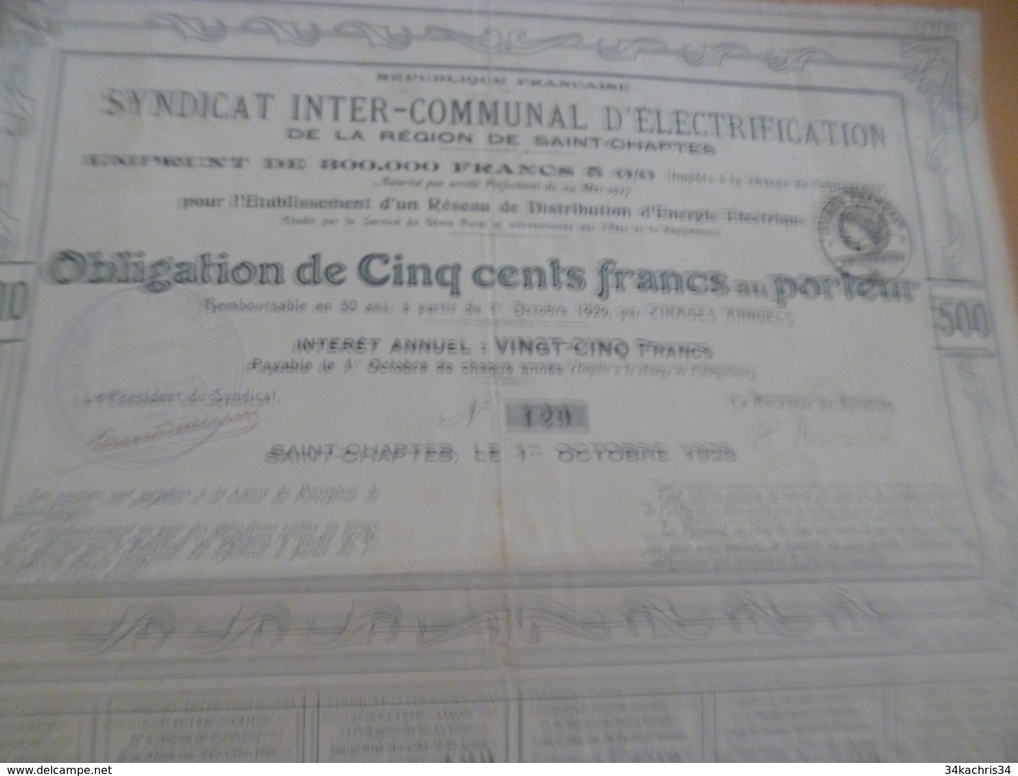 Action Obligation 500 Francs Syndicat Inter Communal D'électrification De Saint Chaptes 1929 - Electricité & Gaz