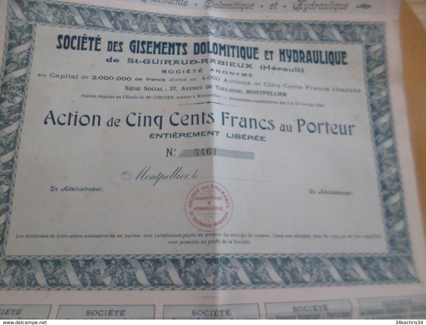 Action 500 Francs Société Des Gisements Dolomitique Et Hydraulique De Saint Guiraud Rabieux Hérault Montpellier - Mines