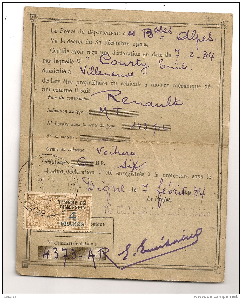 RECEPISSE DE DECLARATION / CARTE GRISE / CIRCULATION DES AUTOMOBILES 1934 / RENAULT MT / BASSES ALPES CPA1430 - Autres & Non Classés