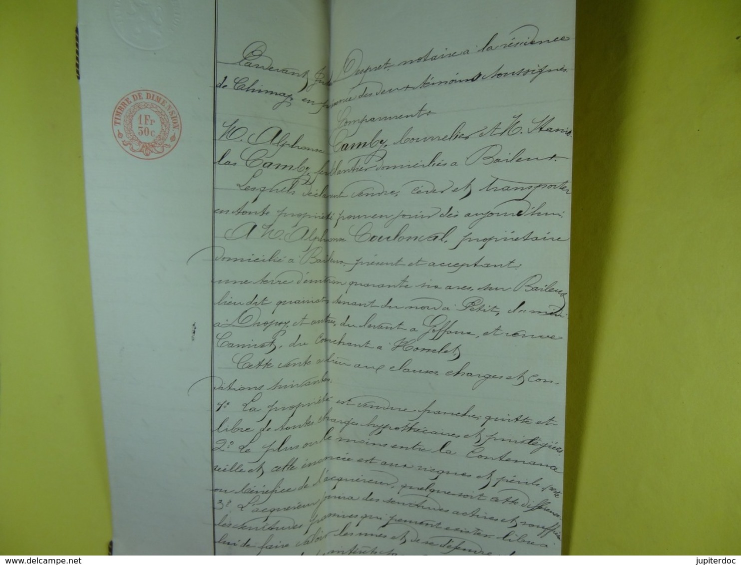 Acte Notarié 1880 Vente De Camby De Baileux à Coulonval De Baileux /14/ - Manuscrits
