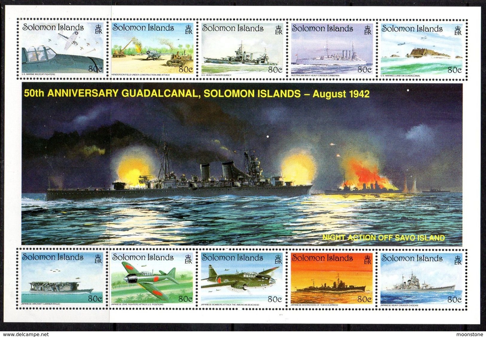 Solomon Islands 1992 Battle Of Guadalcanal, 1 Sheetlet Of 10 X 80c, MNH, SG 738a (B) - Solomon Islands (1978-...)