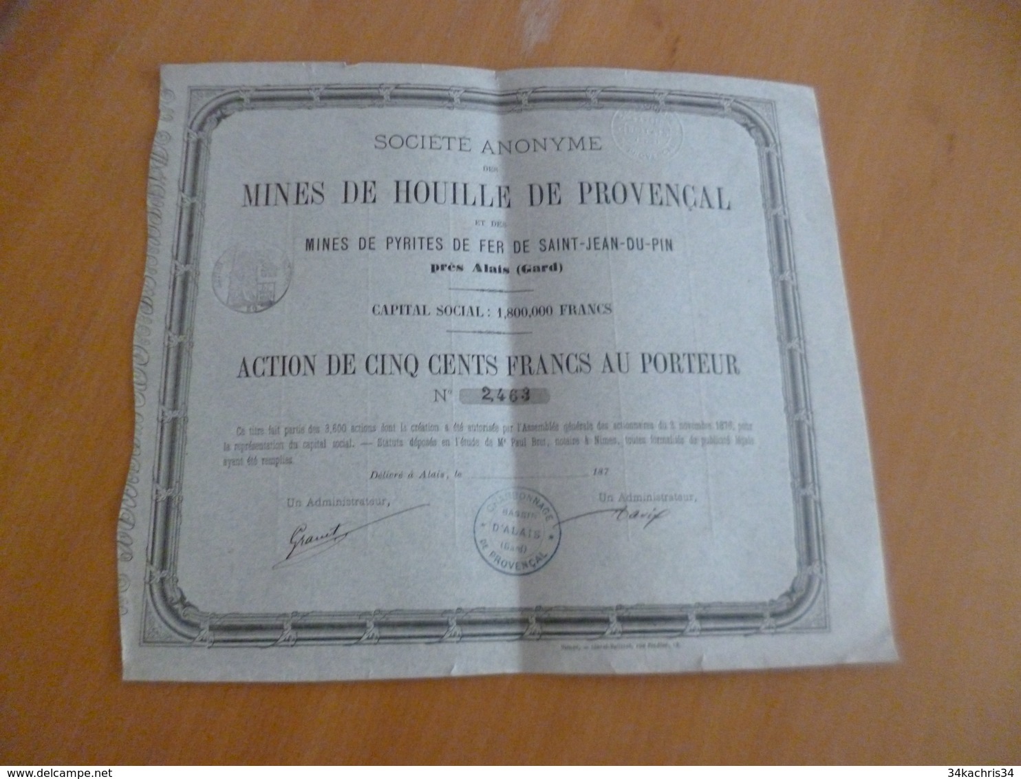 Action 500 Francs Au Porteur Mines De Houille E Provençal Pyrites De Fer De Saint Jean Du Pin Alais 187? - Mines