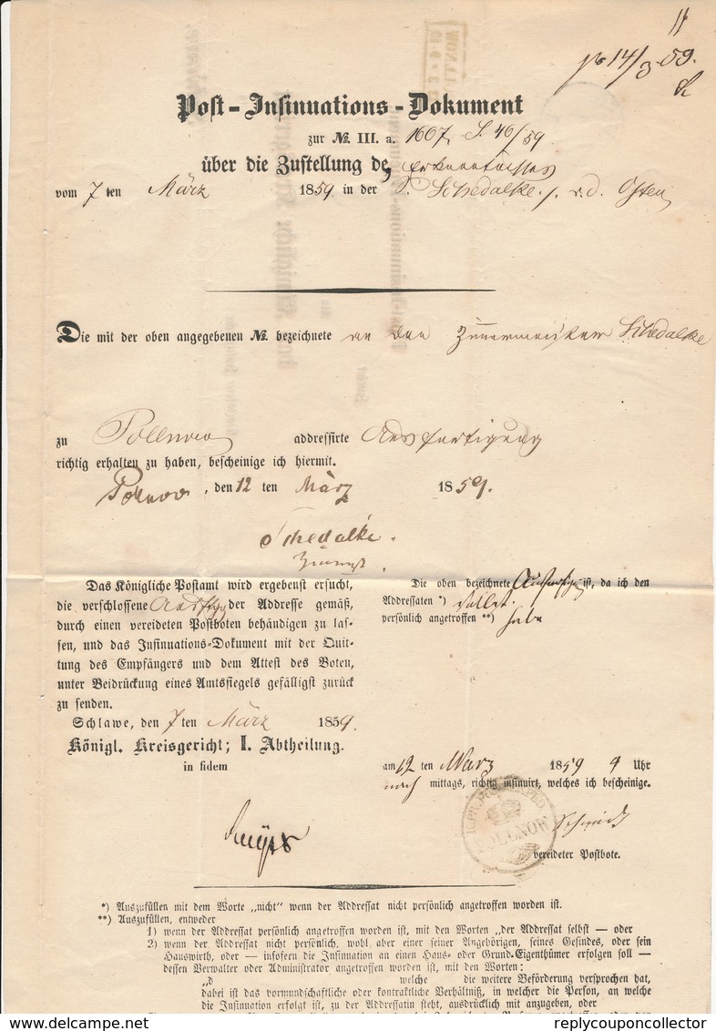 VORPHILA /  POLLNOW (Polanow) -  1859 , Post-Insinuations-Document An Das Königliche Kreisgericht In SCHLAWE (Slawno) - Sonstige & Ohne Zuordnung