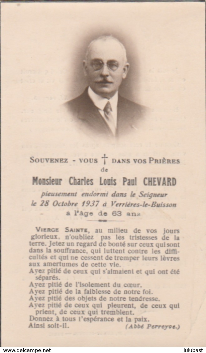 Carte Religieuse Annonçant Un Deuil : Charles Louis ... CHEVARD  (décès - Verrières Le Buisson - 1937 .) - Altri & Non Classificati