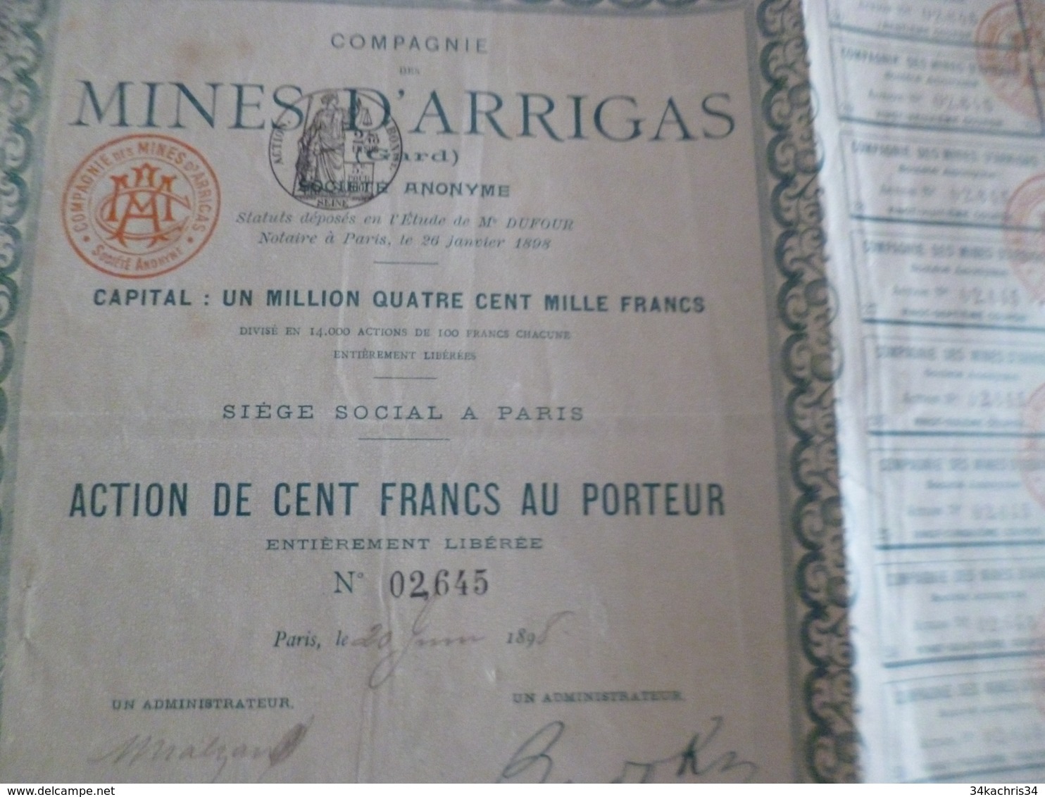 Action 100  FRANCS AU PORTEUR Mines D'Arrigas Gard 1898 - Mines