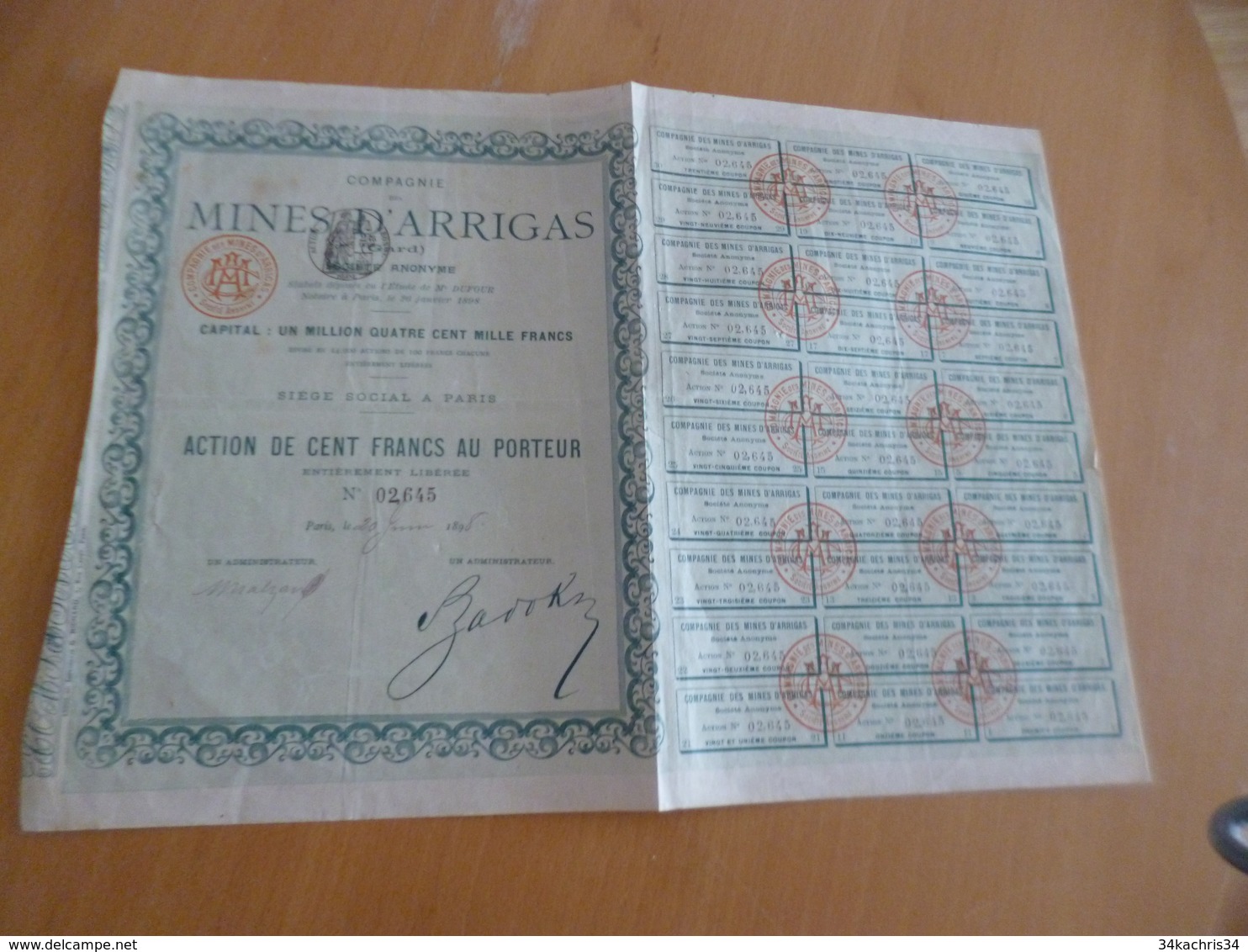 Action 100  FRANCS AU PORTEUR Mines D'Arrigas Gard 1898 - Mines