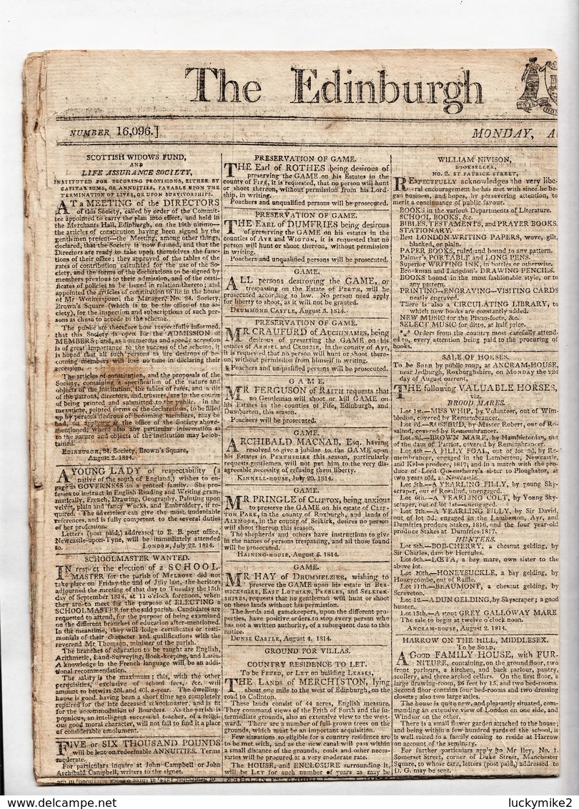 "1814  The Edinburgh Evening Courant".  Small Piece Torn Off  (see Scan)., Two Small Stains  Ref 0496 - Sin Clasificación