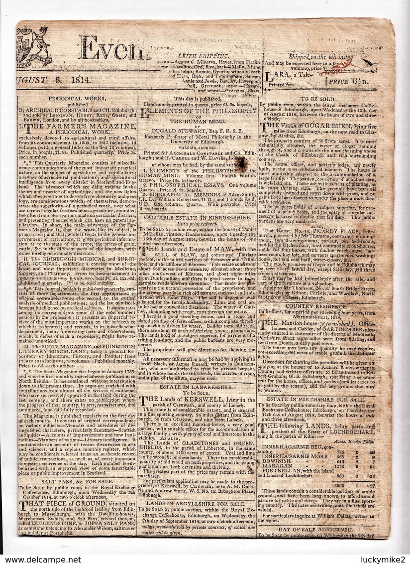 "1814  The Edinburgh Evening Courant".  Small Piece Torn Off  (see Scan)., Two Small Stains  Ref 0496 - Unclassified