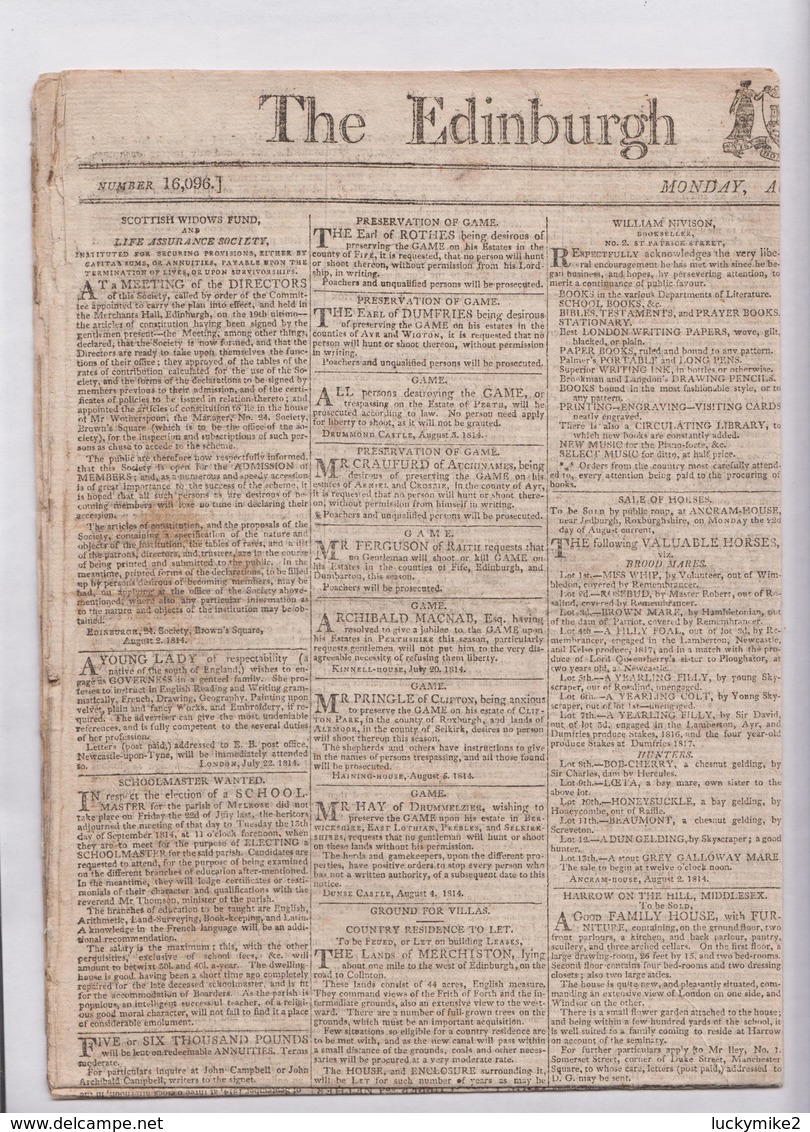 "1814  The Edinburgh Evening Courant".  Small Piece Torn Off  (see Scan)., Two Small Stains  Ref 0496 - Unclassified