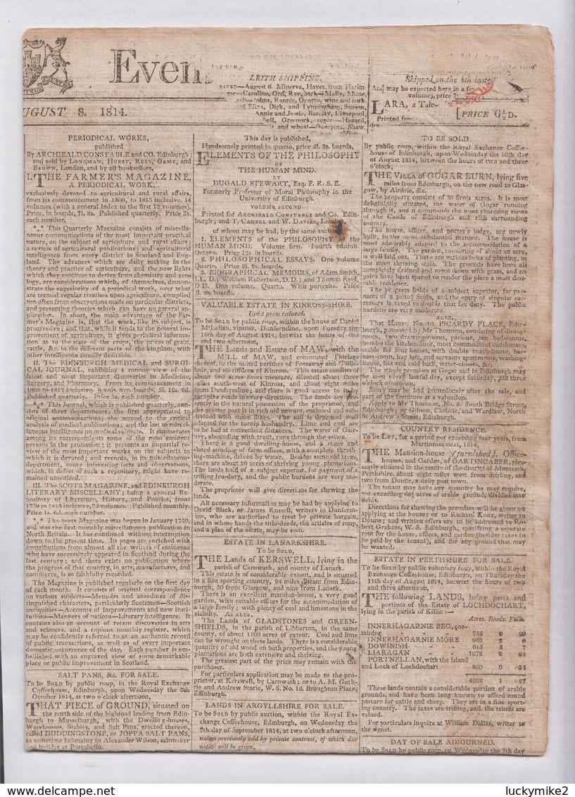 "1814  The Edinburgh Evening Courant".  Small Piece Torn Off  (see Scan)., Two Small Stains  Ref 0496 - Non Classificati