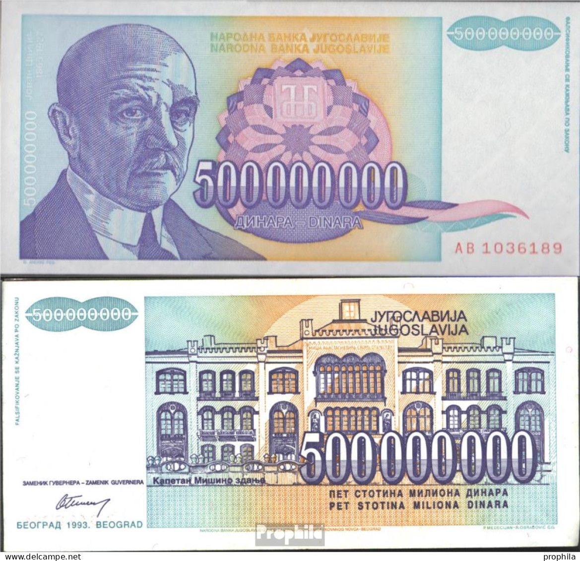 Jugoslawien Pick-Nr: 134a Bankfrisch 1993 500 Mio.Dinara - Yougoslavie