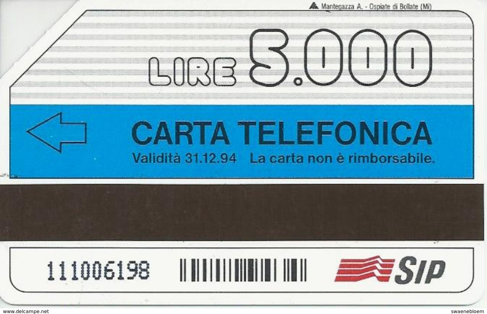 IT.- SIP. CARTA TELEFONICA. LIRE 5.000. Compagna Di Tutti Giorni, Richiedila Al 187: Carta Di Credito Telefonica - Openbare Reclame