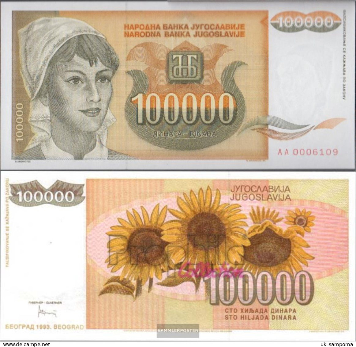 Yugoslavia Pick-number: 118 Uncirculated 1993 100 000 Dinara - Yougoslavie