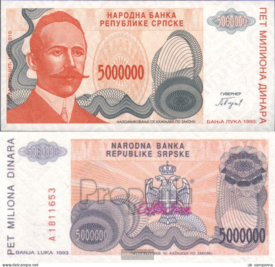 Bosnia-Herzegovina Pick-number: 156a Uncirculated 1993 5 Million Dinara - Bosnia And Herzegovina