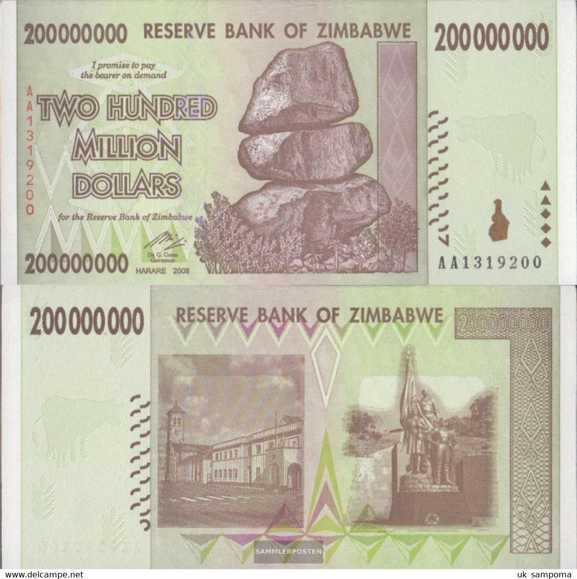 Zimbabwe Pick-number: 81 Uncirculated 2008 200 Million. Dollars - Zimbabwe