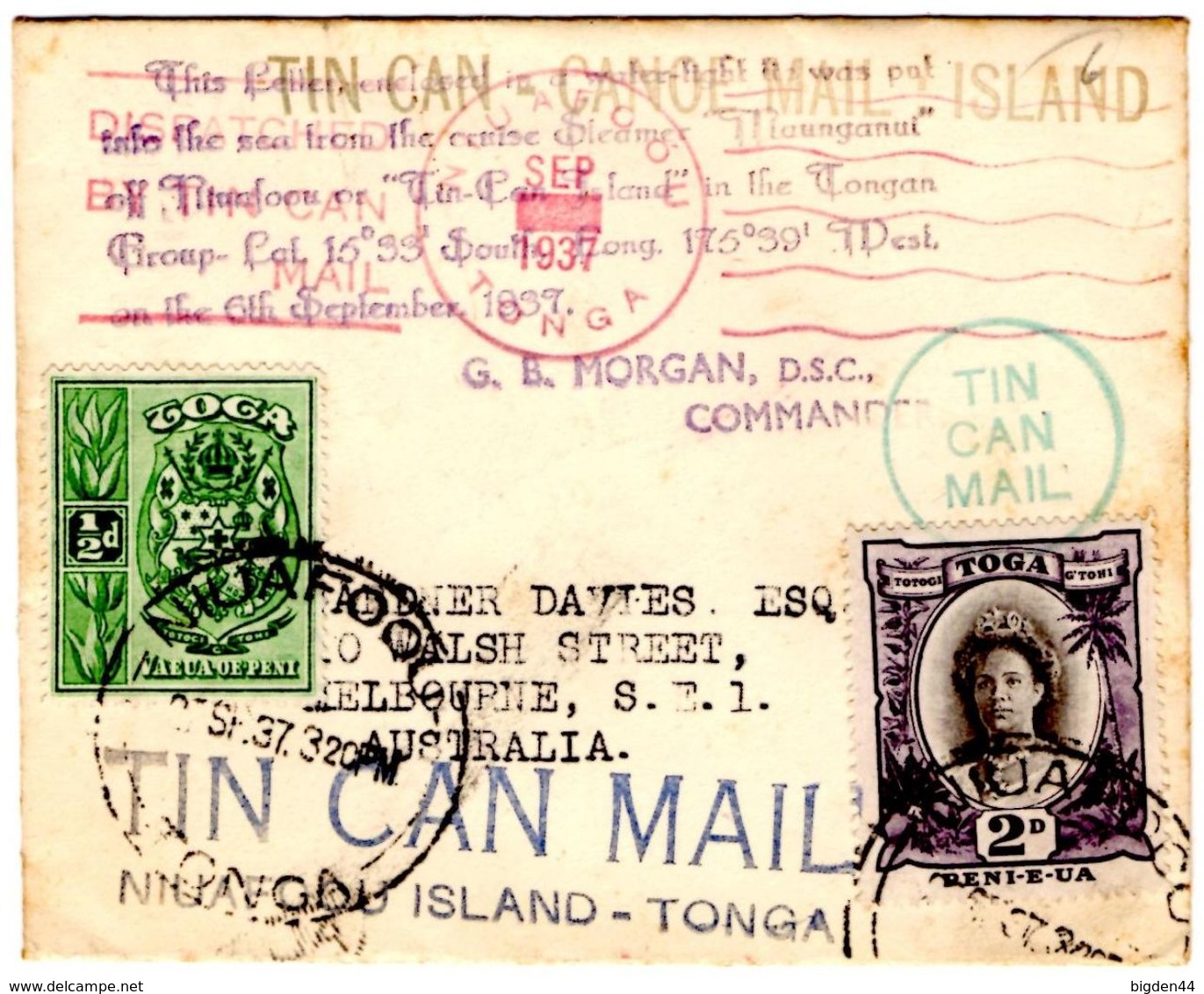 Tin Can Mail September 1937_Toga_Tonga  From Niuafoou To Melbourne - Tonga (...-1970)