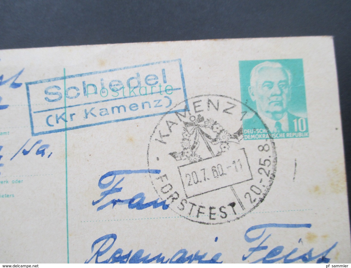 DDR 1960 Ganzsache Mit Sonderstempel Kamenz Forstfest Und Landpoststempel Schiedel (Kr. Kamenz) - Brieven En Documenten