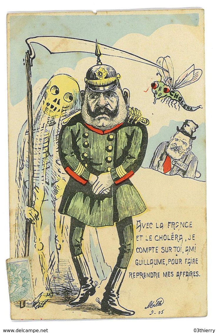 CPA DESSIN MILLE GUILLAUME II AVEC LA FRANCE ET LE CHOLERA POUR LA MORT Caricature Politique Satirique Illustrateur - Mille