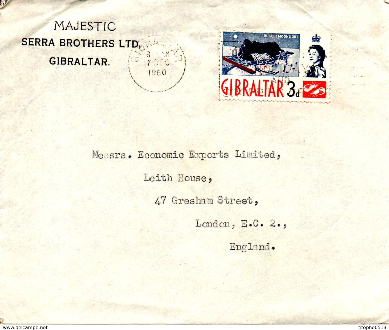 GIBRALTAR. N°149 De 1960-6 Sur Enveloppe Ayant Circulé. Le Rocher. - Gibraltar