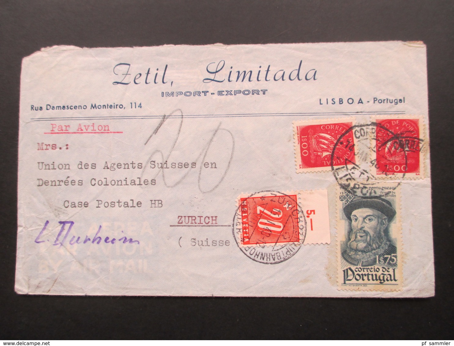 Portugal 1948 Luftpost Lisboa - Zürich. Nachporto Porto Marke Nr. 57 Oberrand!! Stempel: Zürich Hauptbahnhof Fächer - Lettres & Documents