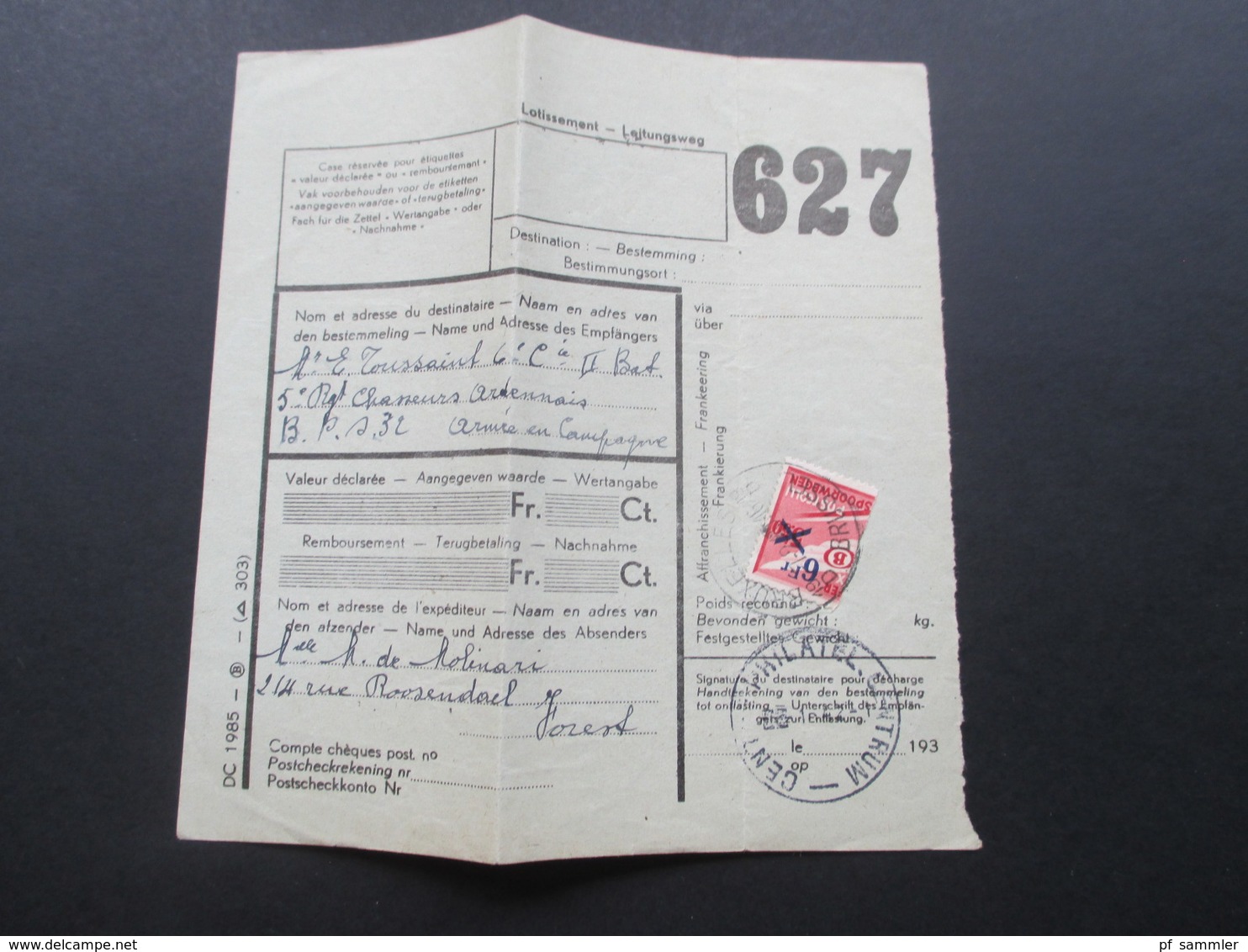 Belgien 1940 Und 42 Postpaketmarke Nr. 13 Halbierung Zu Militärzwecken!! Paketkarten ?!? - Other & Unclassified