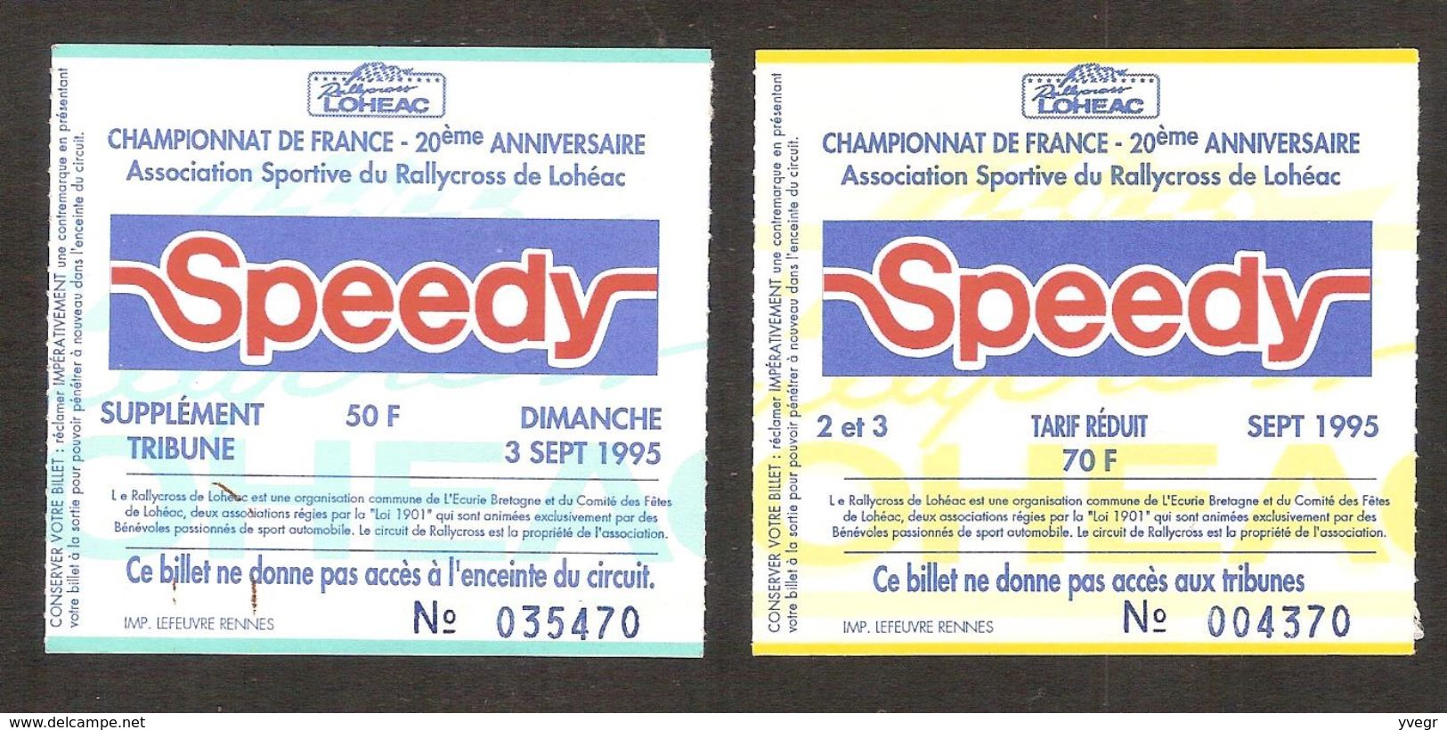 Billets D'entrée Championnat De France De Rallycross De Loudéac Du 2&3 Sept 1995 - Tickets D'entrée