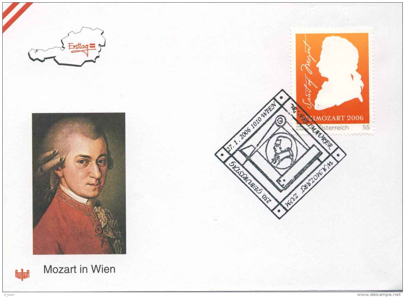 822  Franc-maçonnerie, Mozart: Oblit. Temp. D'Autriche, 2006 -  Freemasonry Pictorial Cancel From Austria - Massoneria