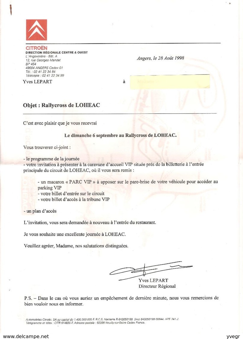 Billets D'entrée Championnat De France & Challenge CITROËN SAXO De Rallycross De Loudéac Du 6 Sept 1998 - Tickets D'entrée