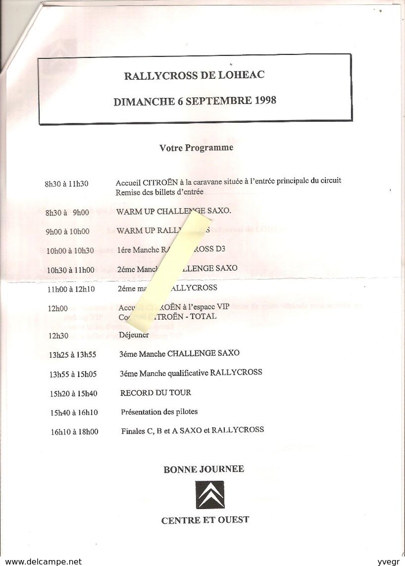 Billets D'entrée Championnat De France & Challenge CITROËN SAXO De Rallycross De Loudéac Du 6 Sept 1998 - Tickets D'entrée