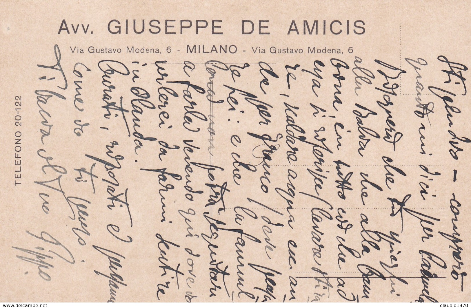 STORIA POSTALE - BUSTA VIAGGIATA  - AVV. GIUSEPPE DE AMICIS - MILANO - Storia Postale