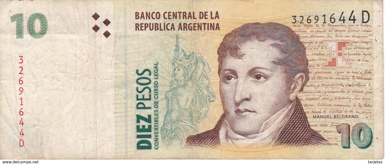 BILLETE DE ARGENTINA DE 10 PESOS CONVERTIBLES (BANKNOTE) - Argentina