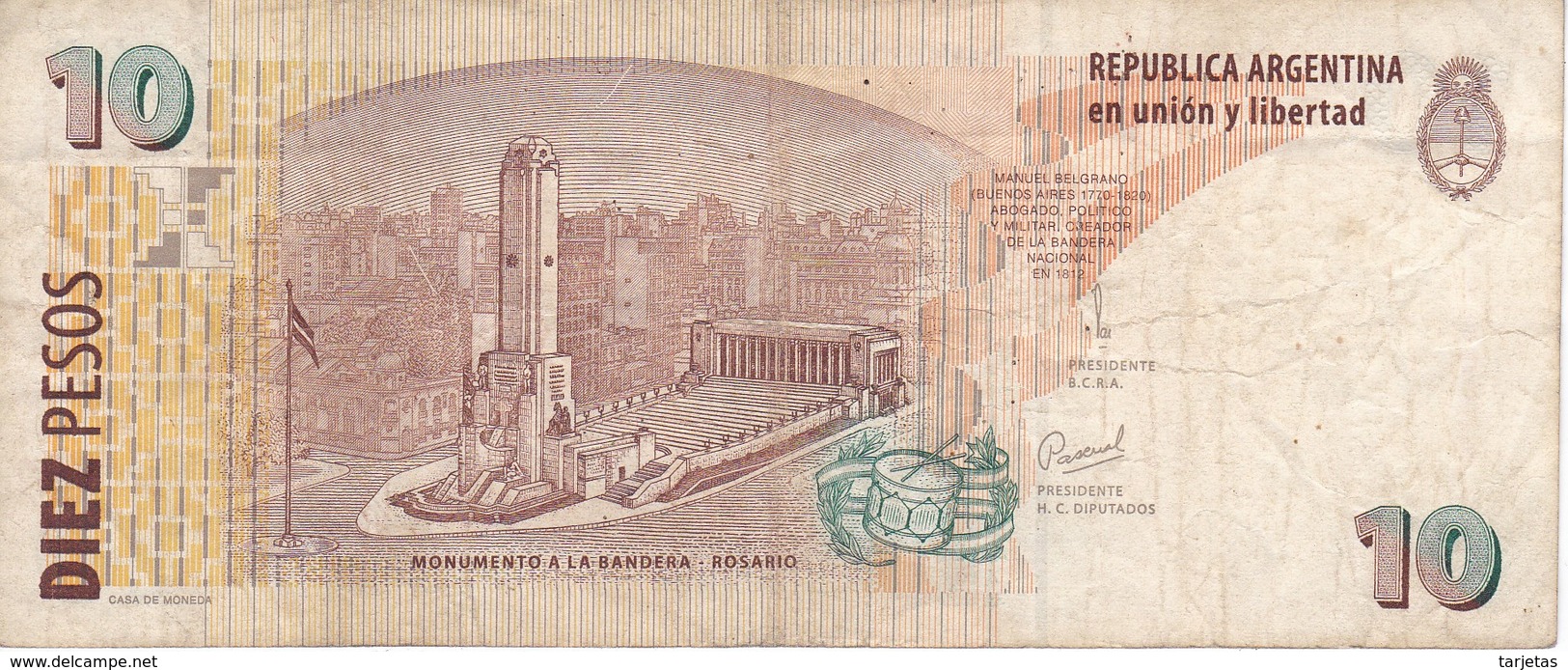 BILLETE DE ARGENTINA DE 10 PESOS CONVERTIBLES (BANKNOTE) - Argentina