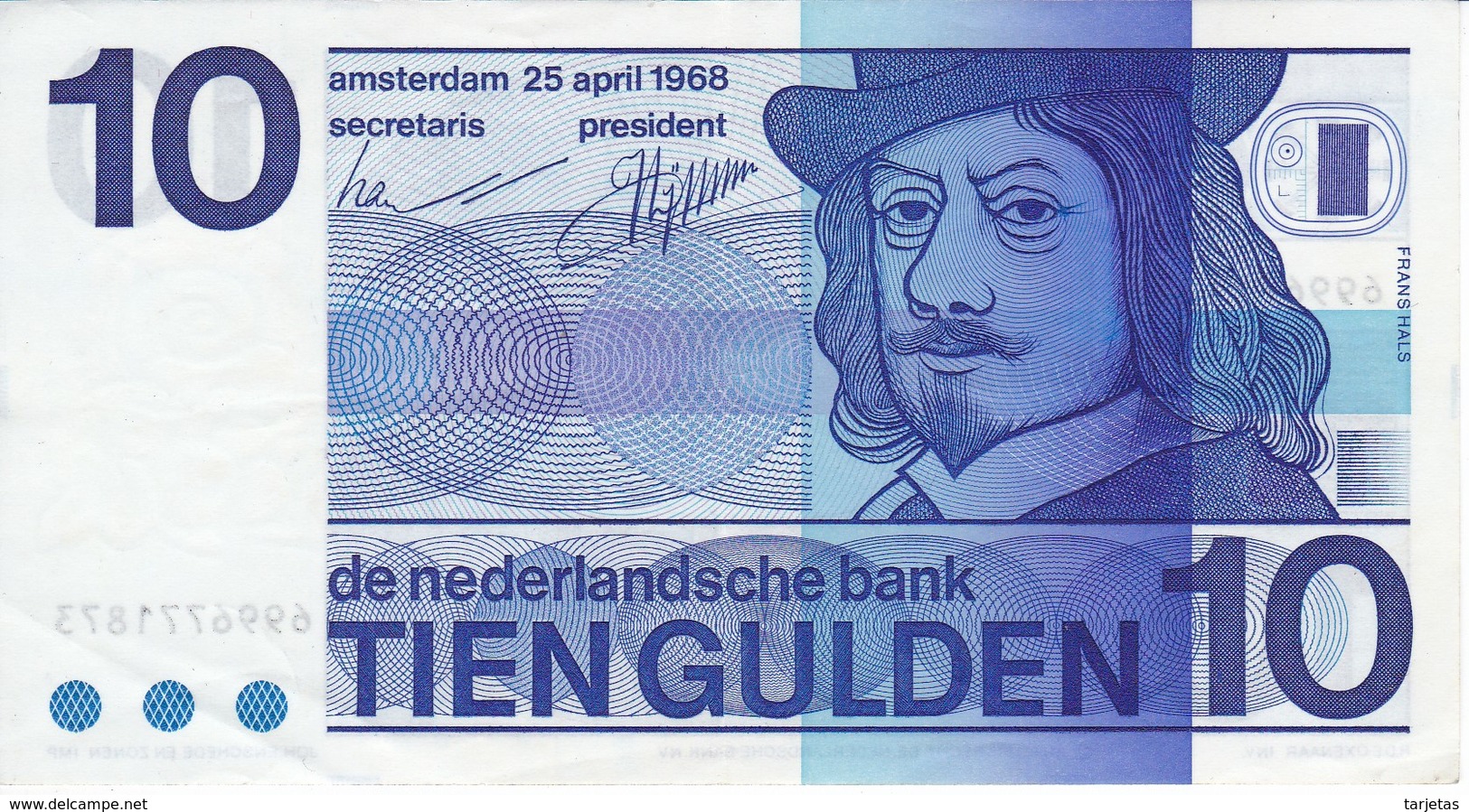 BILLETE DE HOLANDA DE 10 GULDEN DEL AÑO 1968 EN CALIDAD EBC (XF) (BANKNOTE) FRANS HALS - 10 Gulden