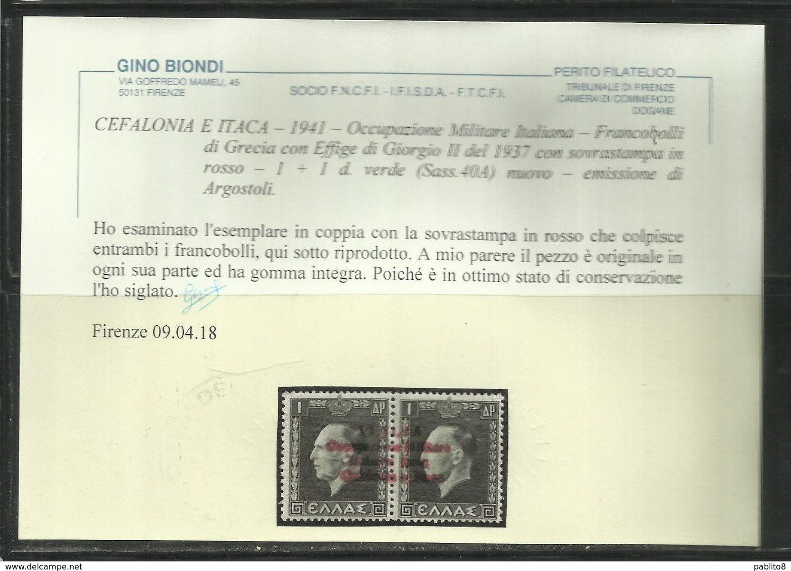 OCCUPAZIONE ITALIANA CEFALONIA E ITACA KEFALONIA ITHACA 1941 KING GEORGE II RE GIORGIO ARGOSTOLI 1 + 1 D MNH CERTIFICATO - Cefalonia & Itaca