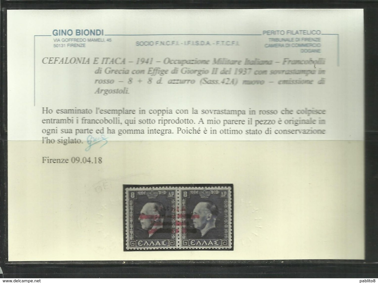 OCCUPAZIONE ITALIANA CEFALONIA E ITACA KEFALONIA ITHACA 1941 KING GEORGE II RE GIORGIO ARGOSTOLI 8 + 8 D MNH CERTIFICATO - Cefalonia & Itaca