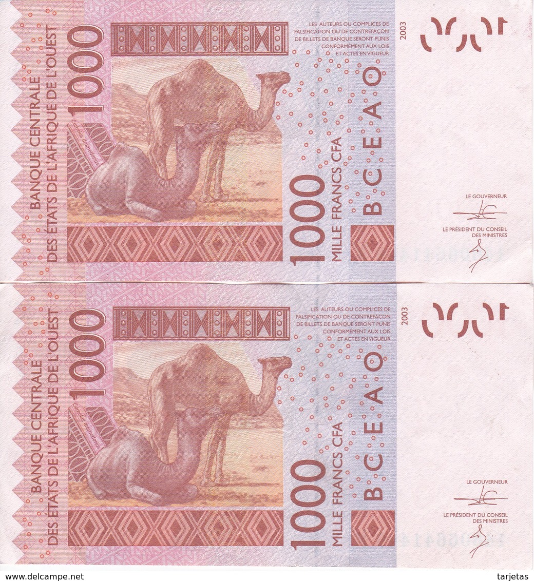 PAREJA CORRELATIVA DE SENEGAL DE 1000 FRANCS DEL AÑO 2003 CALIDAD EBC (XF) (CAMELLO-CAMEL) (BANK NOTE) - Sénégal