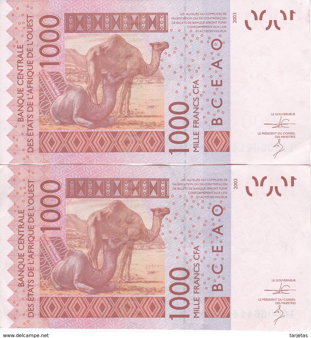 PAREJA CORRELATIVA DE SENEGAL DE 1000 FRANCS DEL AÑO 2003 CALIDAD EBC (XF) (CAMELLO-CAMEL) (BANK NOTE) - Senegal