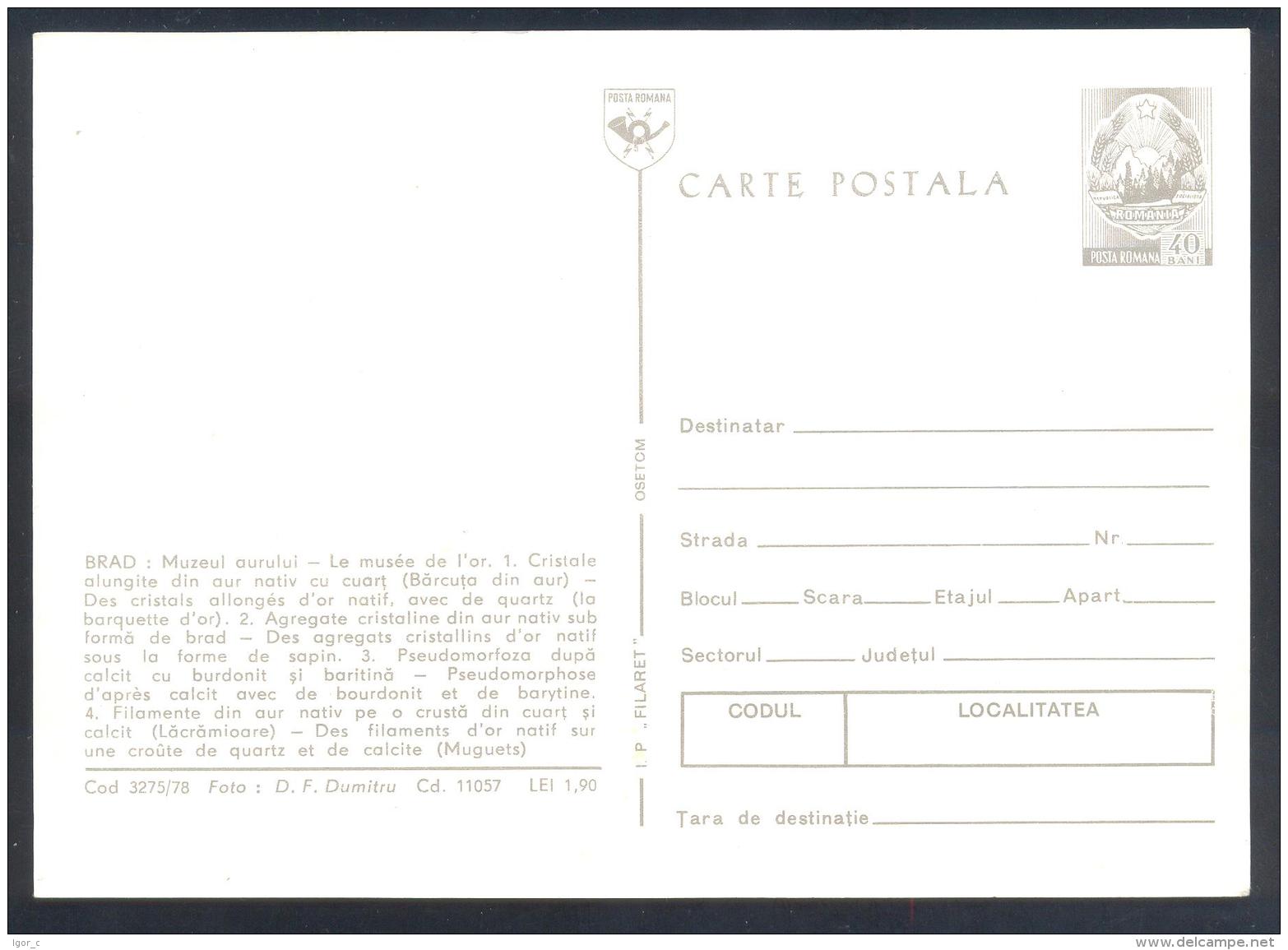 Romania 1978 Postal Stationery Card:  Minerals Mineraux Palaentology Mineralogy Fossils Fosil Fosilien - Mineralien