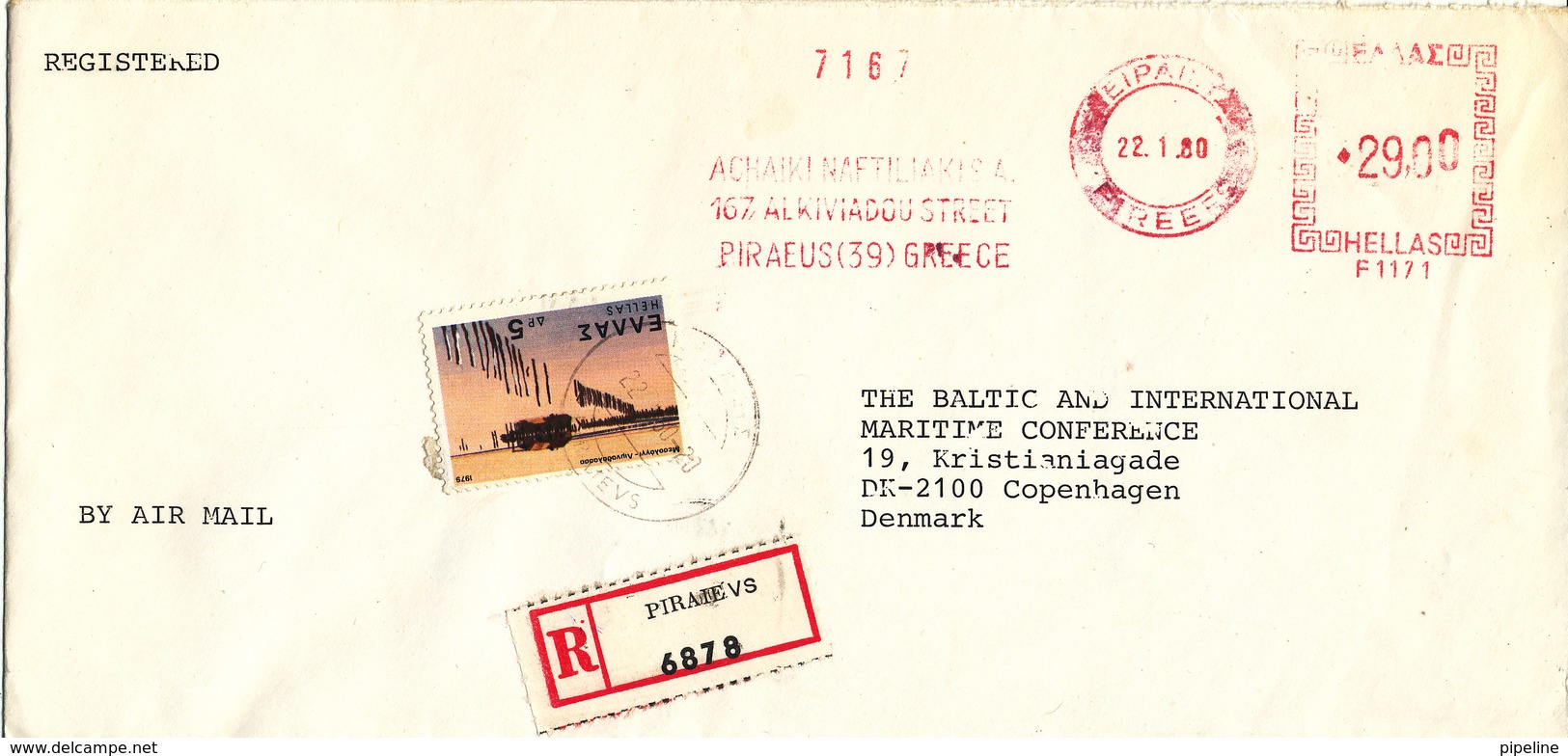 Greece Registered Cover With Meter Cancal 22-1-1980 Sent Air Mail To Denmark - Covers & Documents