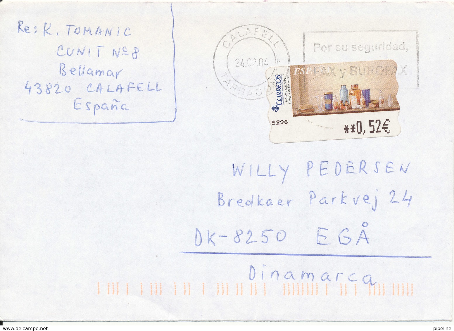 Spain Cover With ATM Frama Label Sent To Denmark Calafell 24-2-2004 - Covers & Documents