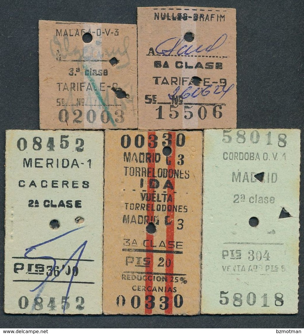 SPAIN QY4425 5 Tickets Merida Madrid Cordoba Malaga Nulles-Drafim 1955-66 Billet Fahrkarte - Europe