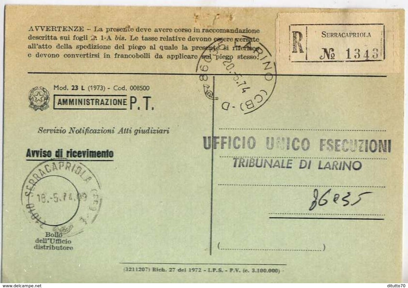 1974 - Amministrazione Della Poste E Delle Telecomunicazioni - Avviso Di Ricevimento Raccomandata - Serracapriola - Fogg - 1981-90: Storia Postale