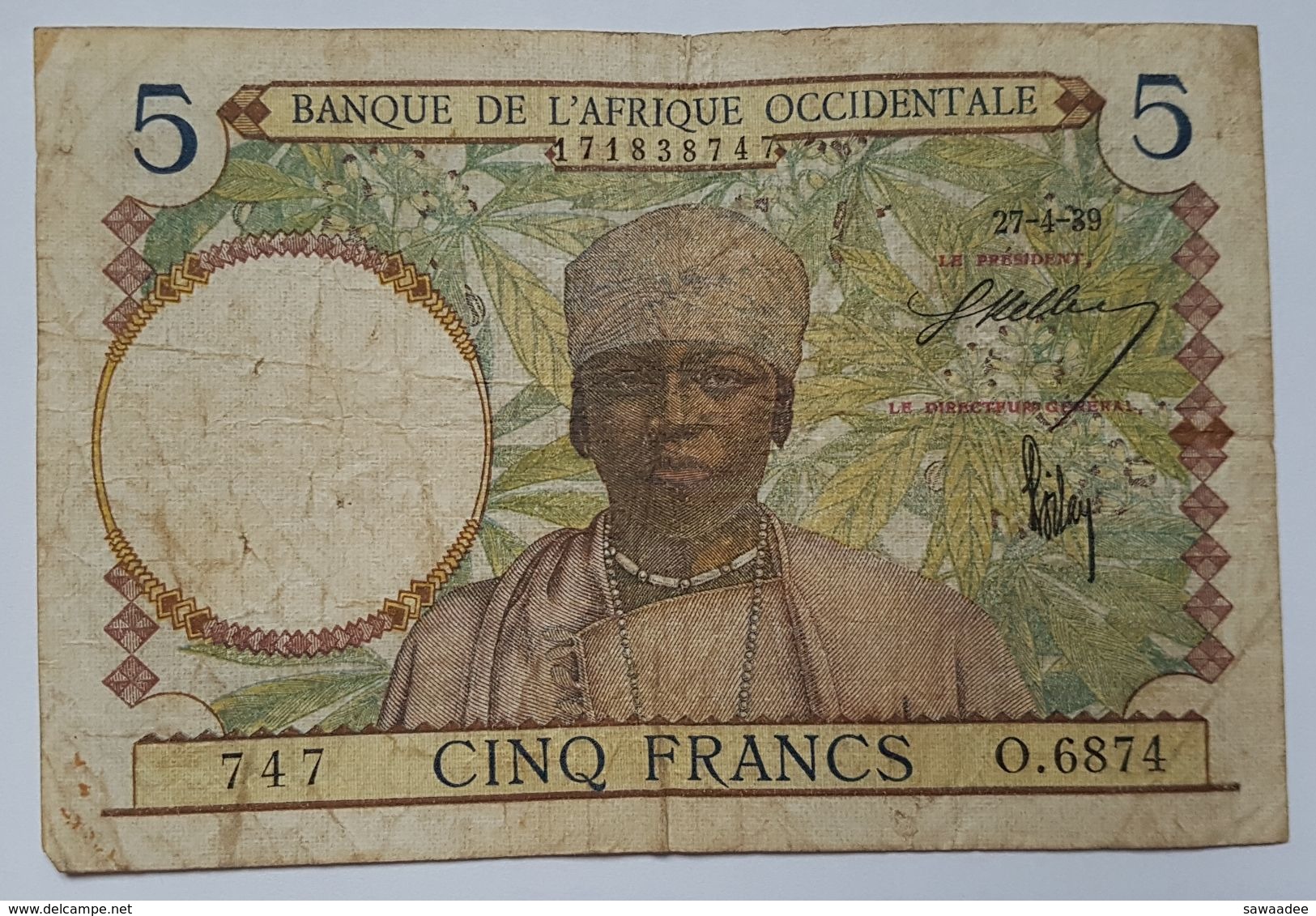 BILLET FRANCE - COLONIE - AFRIQUE OCCIDENTALE FRANCAISE - P.21 - 5 FRANCS - 27-04-1939  - TISSERAND - Other & Unclassified